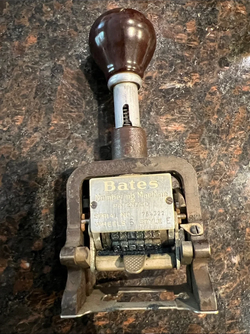 Bates Hand Numbering Machine in Brown and Brass Tones vintage.
